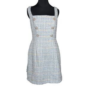 VTG Womens 7/8 S Blue Tweed Square Neck Mini Dress Coquette Preppy Luxury READ